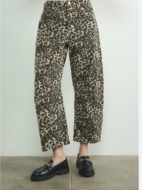 Leopard Print Barrel Jeans - Beige/Black